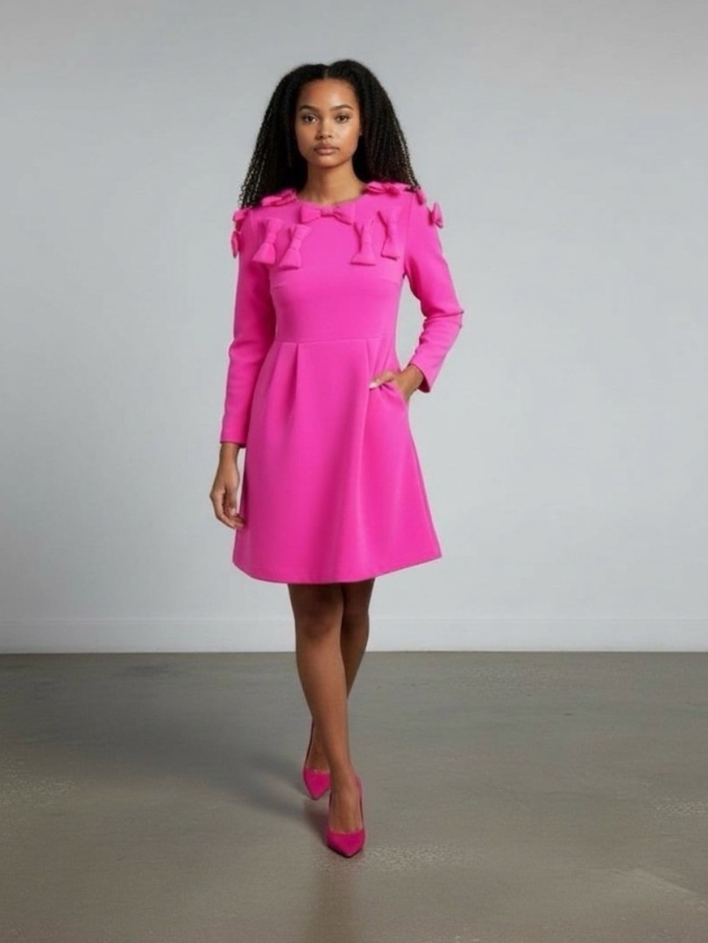 NWT Tuckernuck x Cameron Eubanks Webley Hot Pink Bow 🎀 Long Sleeve Dress Small